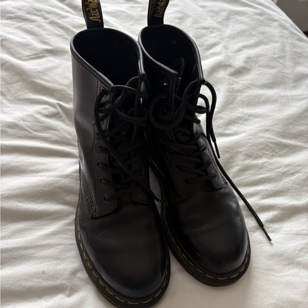 Dr. Martens Black Lace-Up Boots with Yellow Stitching